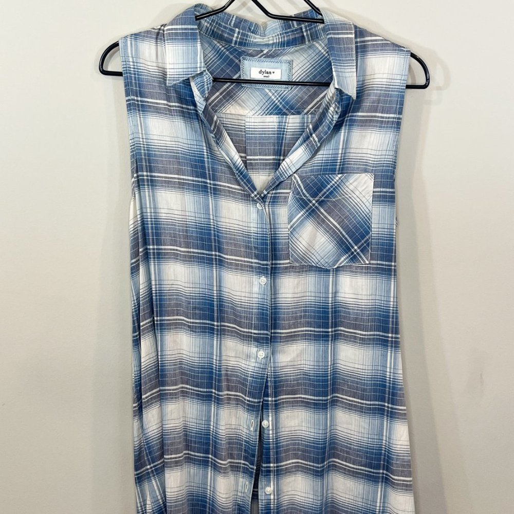 Long Blue Plaid Sleeveless Blouse, Size S